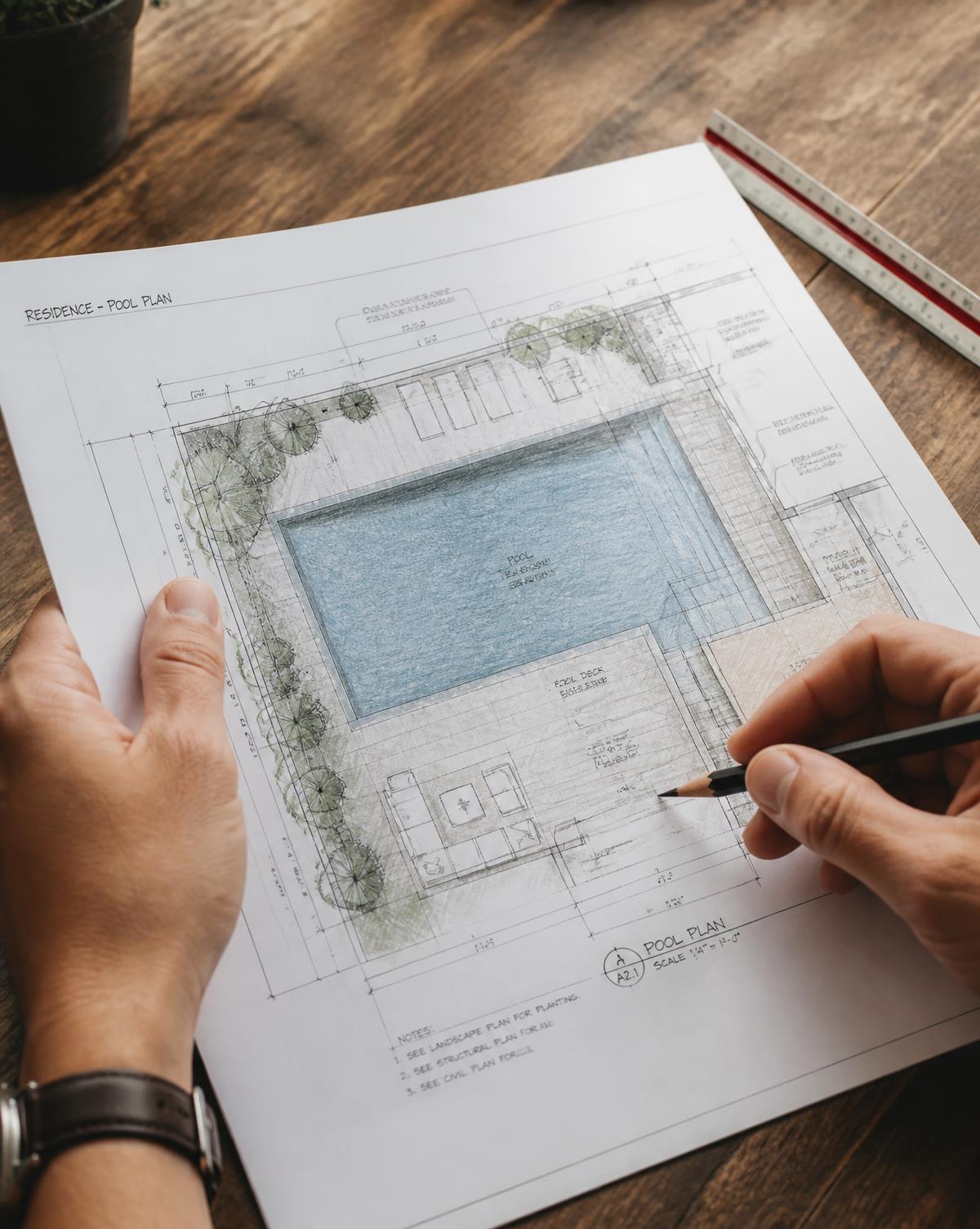 Designer sketching a pool plan by hand