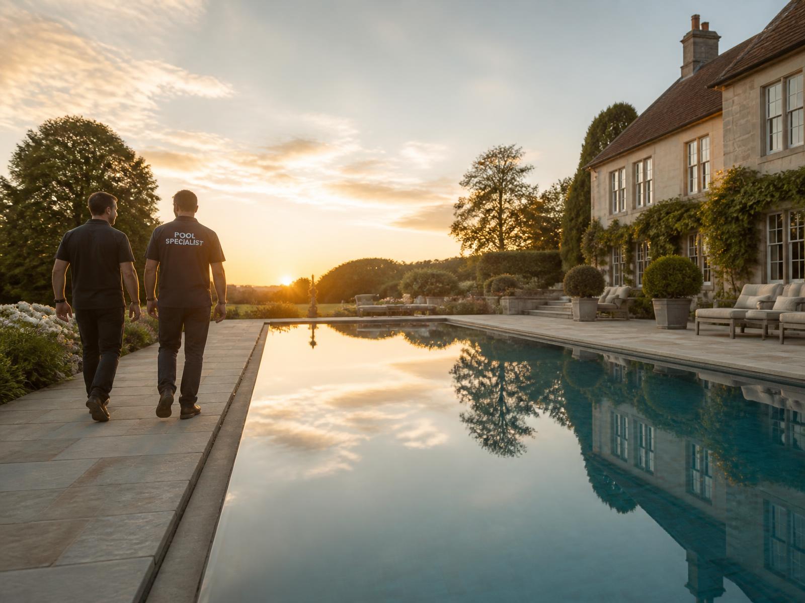 Two Mermaid Leisure specialists walking a completed poolside at golden hour