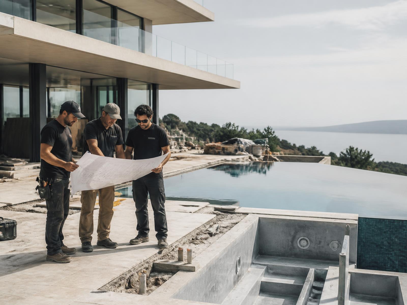 Mermaid Leisure specialists reviewing plans on site beside a pool under construction